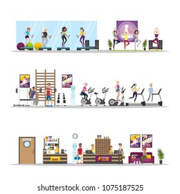 Gym rooms interior on white. People doing fitness, yoga and weight lifting.