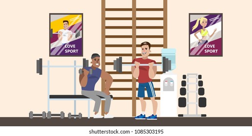 Gym rooms interior on white. People doing weight lifting.