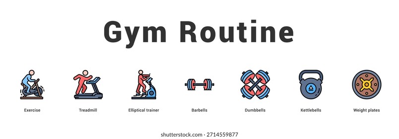 Gym Routine Modern and clean web banner illustration featuring thematic icons for visual communication