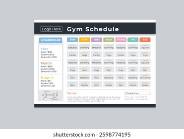 gym schedule template, Weekly Workout Schedule, Event Schedule layout design template with unique design style concept