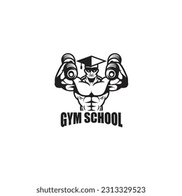 Gym school logo, sport and fitness logo with muscular hand holding dumbbell
