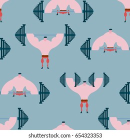 Gym seamless pattern. athletic hall ornament. Fitness background. Athlete and barbell. Dumbbells and powerlifting belt