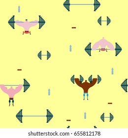 Gym seamless pattern. athletic hall ornament. Fitness background. Athlete and barbell. Dumbbells and powerlifting belt
