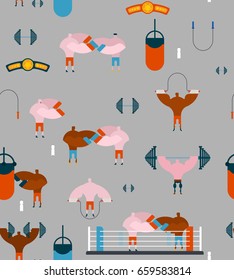 Gym seamless pattern. athletic hall ornament. Fitness background. Athlete and barbell. Dumbbells and powerlifting belt