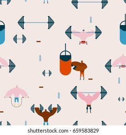 Gym seamless pattern. athletic hall ornament. Fitness background. Athlete and barbell. Dumbbells and powerlifting belt