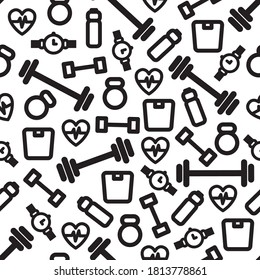 gym seamless pattern with white background, fitness icon, Fashion print design, vector illustration