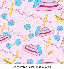 Gym seamless pink pattern with sport and fitness elements. Repeat background with bodybuilding equipment. Barbell with weights and kettle-bell. Wallpaper texture about sportive lifestyle.