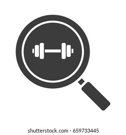 Gym Search Glyph Icon. Silhouette Symbol. Magnifying Glass With Gym Barbell. Fitness Center Nearby. Negative Space. Vector Isolated Illustration