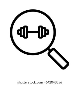 Gym search linear icon. Thin line illustration. Magnifying glass with gym barbell. Fitness center nearby contour symbol. Vector isolated outline drawing