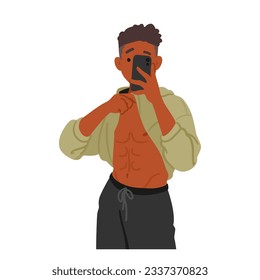Gym Selfie Concept. Man Capturing A Self-portrait While Working Out, Fit Male Character Showcasing His Belly Press to Share On Social Media, Motivation And Self-expression. Cartoon Vector Illustration