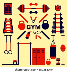 Gym set of weight lifting and workout objects in flat design. Vector illustration.