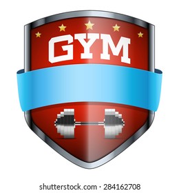 Gym Shield badge. The symbol of the sports club or team. Vector Illustration isolated on white background.