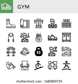 gym simple icons set. Contains such icons as Trainers, Sneakers, Yoga mat, Bench press, Weighlifter, Gym, Skipping rope, Gymnast, Kettlebell, can be used for web, mobile and logo