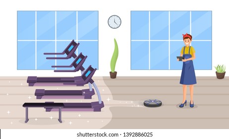 Gym smart cleaning flat vector illustration. Happy female janitor using automatic robot vacuum cleaner cartoon character. Fitness club cleaning with intelligent technologies, automation