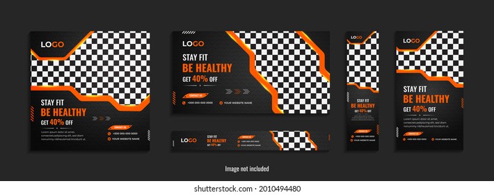 Gym social media and web banner set design with creative shapes.