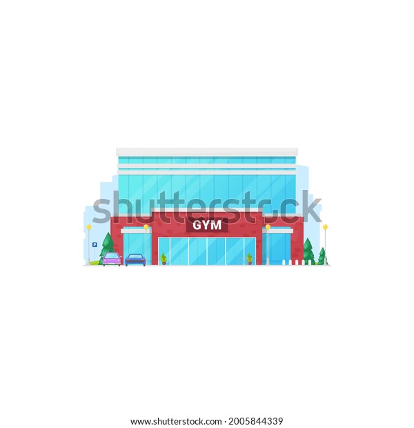 Gym sport club isolated city architecture building\
front view facade. Vector urban city training gymnastic center with\
glass windows and trees, modern building. Modern entertainment\
fitness center