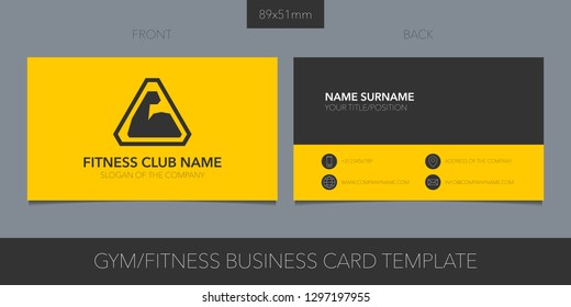 Gym, sport club vector layout of business card with logo, icon and template corporate details. Creative fitness design element for presentation of the company 