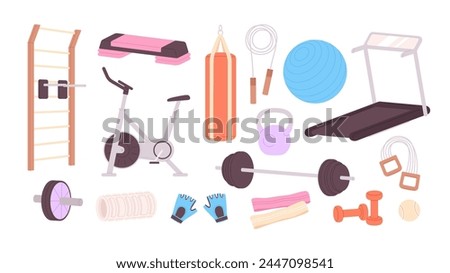 Gym sport equipment. Workout tools and accessories. Fit ball, jump rope, treadmill and dumbbells. Cartoon elements for training racy vector set