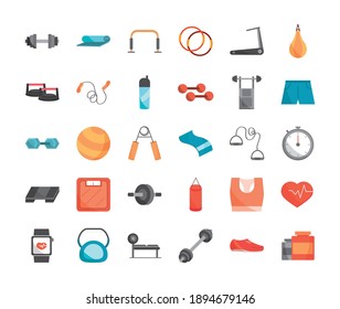 gym sport fitness exercise workout equipment set icons, flat style vector illustration