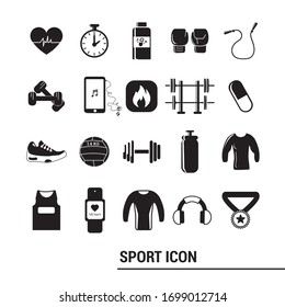 Gym and sport items. Sports object icons. Solid icons. 