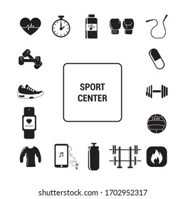 Gym and sport items. Sports object icons. Solid icons. 