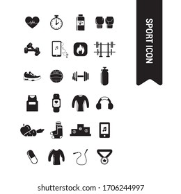 Gym and sport items. Sports object icons. Solid icons. 