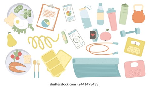 Gimnasio y cosas deportivas. Estilo de vida saludable. Colección de elementos del plan de dieta. Alimentos y artículos de fitness. Control de pérdida de peso. Ilustración plana del vector aislada sobre fondo blanco.