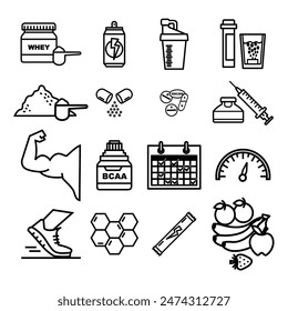 Gym sports and fitness supplements. Muscle protein, health, training, weight and energy. Vitamin bottle illustration for bodybuilding, body, workout, strength, food, nutrition. Icon set