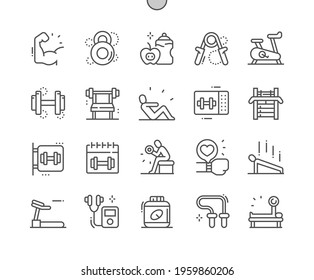 Gym. Sports hall. Sport exercise. Training apparatus. Fruits and drinks. Skipping rope, treadmill simulator. Lifestyle and health. Pixel Perfect Vector Thin Line Icons. Simple Minimal Pictogram