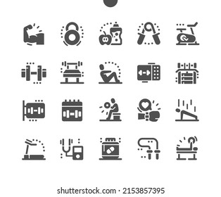 Gym. Sports hall. Sport exercise. Training apparatus. Fruits and drinks. Skipping rope, treadmill simulator. Lifestyle and health. Vector Solid Icons. Simple Pictogram