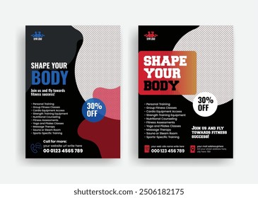 Gym and sports trainer vector a4 size print ready flyer or poster template, online fitness workout club leaflet or brochure cover design