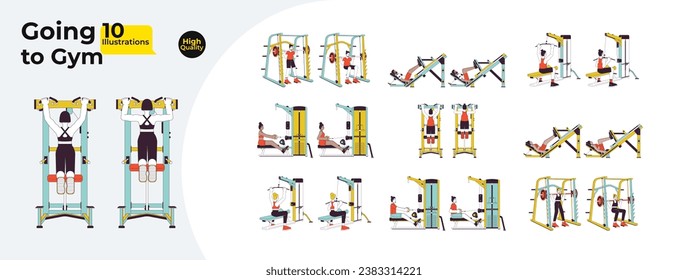 Gym sports training line cartoon flat illustration bundle. Diverse sportswoman sportsman 2D lineart characters isolated on white background. Machines workout scenes vector color image collection