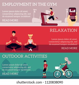 Gym sports, yoga relaxation and outdoor leisure activity posters, banners template set with young men, women jogging, cycling, roller blading and meditating. Vector illustration