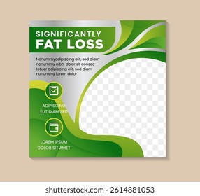 Gym square post turn fat into fit social media banner. significantly fat loss poster design with combination green and grey gradient colors. liquid element with photo space and infographic