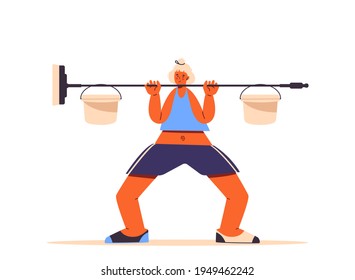 Ejercicio de gimnasia y squash en casa durante
bloqueo de covid-19. Equipo de entrenamiento de peso casero. Improvisado bárbaro. Levantando pesos en el mop. Estilo de vida saludable. Estilo plano, vector aislado.