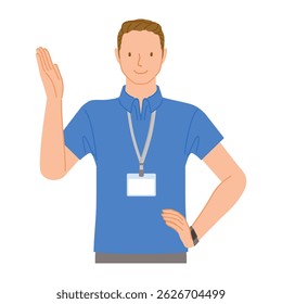 Gym staff (smiling young man): Giving directions with hand gestures