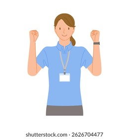 Gym staff (smiling young woman): Fist pump with both hands
