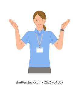 Gym staff (smiling young woman): Raise both hands