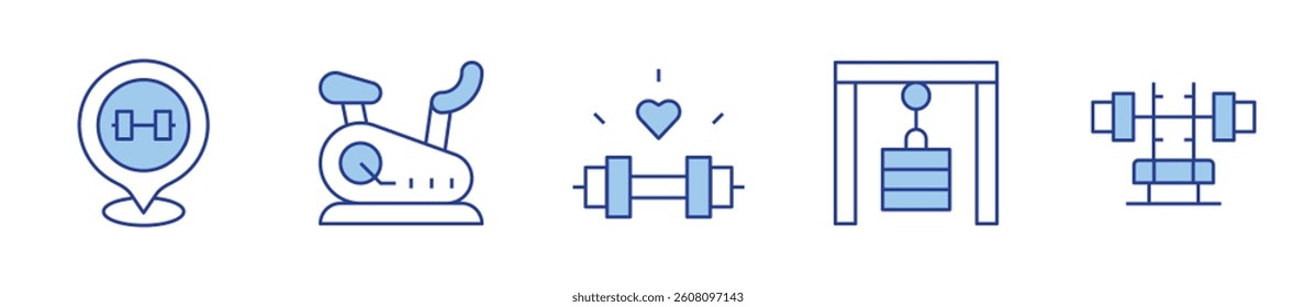 gym, gym station, stationary bike, dumbbell. Gym Icon vector illustration. Line Duotone style. Editable stroke.