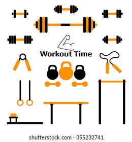 Gym stuff, workout tools in flat design. Vector illustration