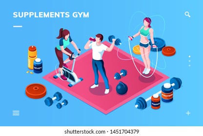 Gym supplement, workout or fitness, sport training application screen for smartphone. Isometric bodybuilder, exercise bike, skipping rope athlete, whey protein, amino, energizer, weight gainer shaker