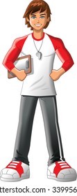 Gym Teacher, Coach Fitness Instructor or Trainer. Young man standing with arms akimbo on his hips and with a confident smile, holding a clipboard and with a gym class whistle around his neck. 