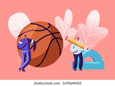 Gym Teacher in Sports Suit Holding Whistle Stand at Baseball Ball. Sport Class Tutor with Ruler and Pencil Prepare for Conducting Class. Back to School, Education Cartoon Flat Vector Illustration