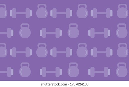Gym theme concept background. Seamless pattern with fitness icons dumbbells, kettlebells. Vector illustration of weightlifting, powerlifting, sport, healthy lifestyle concepts.