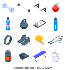Gym time icons set. Isometric set of gym time vector icons for web design isolated on white background