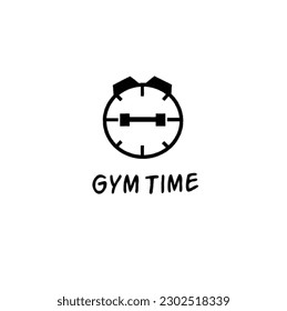 the gym time logo is black with a white background, in the middle of the clock there is a gym tool, namely burble