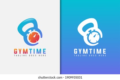 Gym Time Logo Design. Abstract Kettlebell Combine with Stopwatch. Sport Vector Logo Illustration.