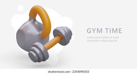 Hora del gimnasio. Timbre y timbre realistas. Accesorios pesados para entrenar músculos de brazo. Afiche horizontal con espacio para texto. Plantilla de invitación al gimnasio, gimnasio, centro de ejercicios