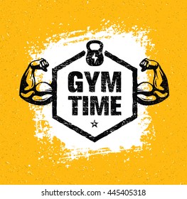 Gym Time Workout and Fitness Design Element Concept. Creative Vector On Grunge Background