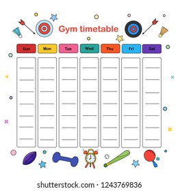 Gym Timetable. Weekly Schedule Template. Vector Illustration. Flate Design. Hand Drawn.
